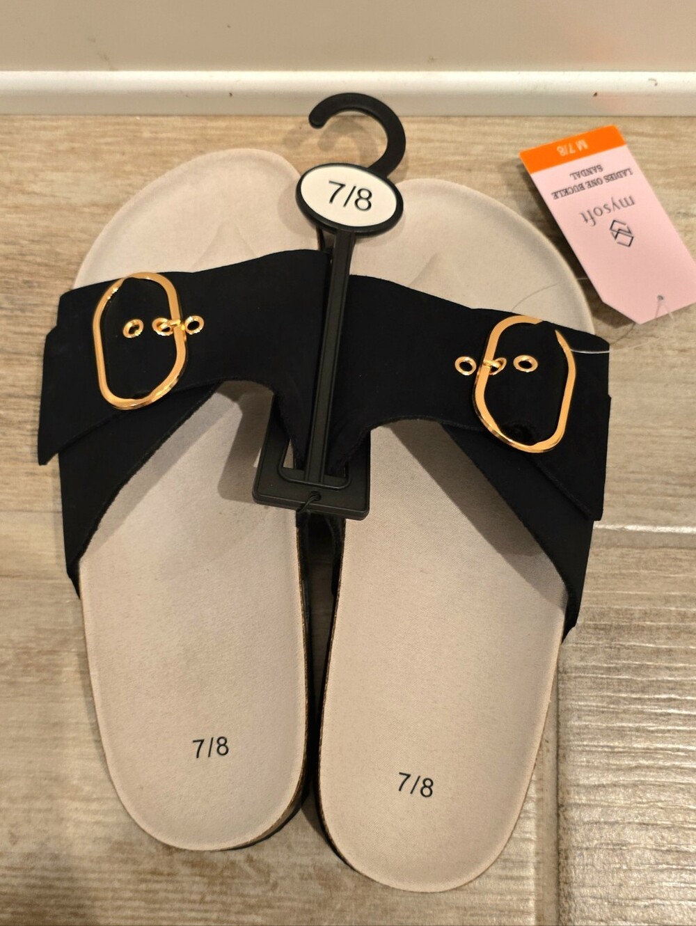 Black Women’s Slide Sandals with Gold Buckle Detail - Size 7/8